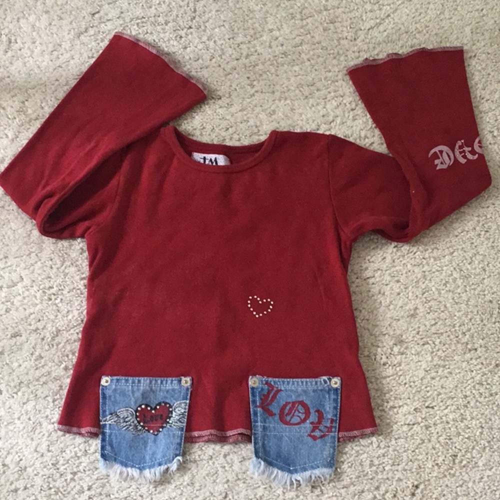 Kids Long Sleeve Red Shirt  Love Wing with Denim Pockets